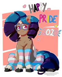 Size: 1038x1280 | Tagged: safe, artist:amaraburrger, imported from derpibooru, oc, oc only, oc:sandy sketch, pony, unicorn, 2020, asexual, asexual pride flag, brown coat, clothes, colored, colored background, curly mane, curly tail, glasses, horn, looking at you, pansexual, pansexual pride flag, pride, pride flag, pride month, pride socks, purple eyes, sitting, small horn, smiling, smiling at you, socks, solo, spots, tail, transgender, transgender pride flag, two toned mane, two toned tail, unicorn horn, unshorn fetlocks