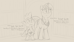 Size: 3840x2160 | Tagged: safe, artist:dtcx97, imported from derpibooru, spike, twilight sparkle, dragon, pony, unicorn, alternate universe, duo, duo male and female, female, horn, male, mare, monochrome, sketch, standing, unicorn twilight