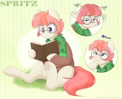 Size: 1800x1471 | Tagged: safe, artist:higgly-chan, imported from derpibooru, oc, oc only, oc:spritz, earth pony, pony, bags under eyes, book, bust, clothes, eye clipping through hair, floppy ears, full body, glasses, grass, holding, hoof on chin, lidded eyes, male, portrait, press x to doubt, reading, scarf, sitting, solo, squint, stallion, sweater, tired