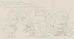 Size: 3943x2103 | Tagged: safe, artist:dtcx97, imported from derpibooru, apple bloom, scootaloo, spike, sweetie belle, dragon, earth pony, pegasus, pony, unicorn, alternate universe, apple bloom's bow, bow, clothes, crossed arms, cutie mark crusaders, dialogue, eye contact, female, filly, foal, group, hair bow, horn, jewelry, looking at each other, looking at someone, male, monochrome, necklace, pointing, pottery, shirt, sign, sitting, sketch, standing, wings