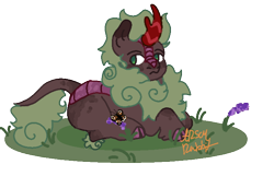 Size: 720x465 | Tagged: safe, alternate version, artist:arsonrabbit, imported from derpibooru, oc, oc only, oc:river embers, butterfly, kirin, brown coat, cloven hooves, digital art, grass, green eyes, green hair, green mane, green tail, hooves, horn, kirin oc, lavender, looking back, lying down, male, non-pony oc, purple scales, scales, signature, simple background, solo, tail, transparent background