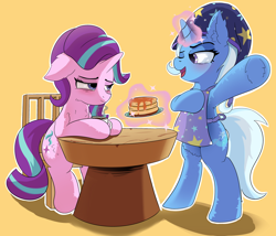 Size: 5000x4272 | Tagged: safe, artist:sirbreadstick99, imported from derpibooru, starlight glimmer, trixie, pony, unicorn, apron, bipedal, blue coat, breakfast, chest fluff, clothes, coffee, coffee mug, cute, digital art, duo, duo female, ear fluff, female, floppy ears, food, glowing, glowing horn, hat, hoof fluff, horn, indoors, lesbian, looking at each other, looking at someone, magic, mug, nightcap, one eye closed, orange background, outline, pancakes, pink coat, pose, purple eyes, purple mane, raised hoof, shipping, simple background, sitting, smiling, smiling at each other, startrix, syrup, telekinesis, tired eyes, underhoof, white mane, white outline, wink