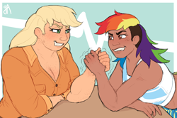 Size: 1746x1156 | Tagged: safe, artist:greenarsonist, imported from derpibooru, applejack, rainbow dash, human, appledash, arm wrestling, clothes, competition, female, freckles, grin, humanized, lesbian, long hair, muscles, muscular female, shipping, smiling, sports bra, sweat, sweatdrop