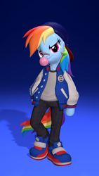 Size: 2160x3840 | Tagged: safe, artist:owlpirate, imported from derpibooru, rainbow dash, pegasus, pony, semi-anthro, 3d, 4k, backwards ballcap, band-aid on nose, bandaid, baseball cap, bubblegum, cap, clothes, female, food, gradient background, gum, hat, high res, jacket, looking at you, mare, shoes, sneakers, solo, source filmmaker, varsity jacket