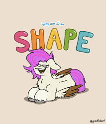 Size: 3400x4000 | Tagged: safe, artist:grandfinaleart, imported from derpibooru, oc, oc only, oc:molars, pegasus, pony, digital art, facial markings, female, folded wings, lying down, mare, mare oc, pegasus oc, pink hair, pink mane, pink tail, pony oc, simple background, smiling, smirk, solo, solo female, tail, text, wings, yellow eyes