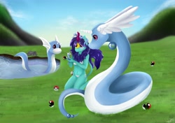 Size: 4761x3359 | Tagged: safe, artist:ginnythequeen, imported from derpibooru, oc, oc only, oc:tender soul, anthro, dratini, kirin, clothes, female, poké ball, pokémon, pond, swimsuit, water