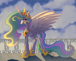 Size: 2000x1600 | Tagged: safe, artist:mundeestar, imported from derpibooru, princess celestia, alicorn, pony, female, horn, jewelry, mare, outdoors, regalia, signature, smiling, solo, spread wings, sunrise, wings