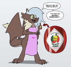 Size: 4146x3922 | Tagged: safe, artist:grandfinaleart, imported from derpibooru, oc, oc only, oc:mahogany teakwood, dragon, apron, bottle, clothes, digital art, dragon oc, dragoness, fangs, female, green eyes, hot sauce, looking at you, non-pony oc, sharp teeth, simple background, smiling, smiling at you, solo, solo female, standing, tail, teeth, wings