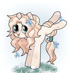 Size: 1900x2000 | Tagged: safe, artist:dena, imported from derpibooru, oc, oc only, butterfly, earth pony, pony, abstract background, bucking, cute, grass, looking back, request, smiling, solo