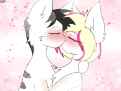 Size: 2160x1620 | Tagged: safe, artist:bunfoxx20studios, imported from derpibooru, oc, oc only, oc:pilot light, oc:toasted bread, earth pony, pony, blushing, chest fluff, commission, cute, ear fluff, earth pony oc, eyes closed, female, freckles, heart, kiss on the lips, kissing, male, straight, ych result