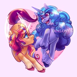 Size: 1440x1440 | Tagged: safe, artist:zatillias, imported from derpibooru, izzy moonbow, sunny starscout, alicorn, pony, unicorn, 2022, artificial horn, artificial wings, augmented, bracelet, duo, duo female, female, folded wings, friendship bracelet, g5, heart, heart background, horn, jewelry, lesbian, looking at each other, looking at someone, magic, magic horn, magic wings, mane stripe sunny, mare, moonscout, open mouth, open smile, race swap, shipping, signature, smiling, sunnycorn, tail, wings