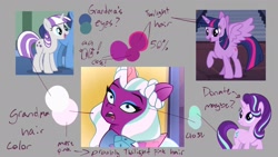 Size: 1920x1080 | Tagged: safe, artist:mythical artist, edit, edited screencap, imported from derpibooru, screencap, night light, opaline arcana, starlight glimmer, twilight sparkle, twilight velvet, alicorn, pony, unicorn, the cutie mark chronicles, twilight's kingdom, dragon dad, drool, fan theory, female, g5, gray background, headcanon, horn, mare, my little pony, my little pony: tell your tale, open mouth, simple background, spread wings, tail, twilight sparkle (alicorn), wings