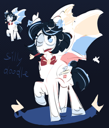 Size: 2550x3000 | Tagged: safe, artist:pakmur, imported from derpibooru, oc, oc only, oc:silly doodle, bat pony, pony, bow, gradient background, solo, wings