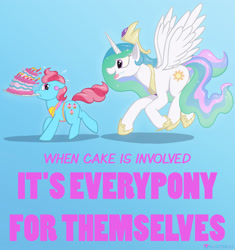 Size: 2700x2876 | Tagged: safe, artist:passionpanther, imported from derpibooru, cup cake, princess celestia, alicorn, earth pony, pony, blue background, cake, cakelestia, caption, chase, duo, duo female, female, food, funny, mare, running, simple background, spread wings, text, that pony sure does love cakes, tongue out, wings