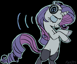 Size: 758x627 | Tagged: safe, artist:razyruu, imported from derpibooru, rarity, pony, unicorn, bipedal, black background, black socks, closed mouth, clothes, dancing, emanata, eyebrows, eyes closed, female, floppy ears, headphones, horn, limited palette, listening to music, mare, outline, side view, signature, simple background, smiling, socks, solo, thigh highs