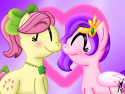 Size: 2160x1620 | Tagged: safe, artist:jesslmc16, imported from derpibooru, pipp petals, earth pony, pegasus, pony, blushing, boop, bow, bust, cutie mark, duo, duo female, female, folded wings, g5, hair bow, jewelry, lesbian, mare, necklace, noseboop, petalbloom, posey bloom, shipping, wings