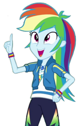 Size: 474x752 | Tagged: safe, edit, edited screencap, editor:jacksontormbaymaz, imported from derpibooru, screencap, rainbow dash, human, equestria girls, equestria girls series, happily ever after party, background removed, clothes, cute, cutie mark, cutie mark on clothes, finger, geode of super speed, hand on hip, happily ever after party: rainbow dash, idea, jacket, jewelry, magical geodes, my little pony equestria girls: choose your own ending, necklace, open mouth, open smile, pants, shirt, simple background, smiling, solo, sweatpants, t-shirt, teenager, transparent background, wristband