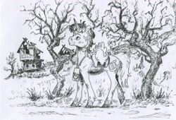Size: 1210x821 | Tagged: safe, artist:adeptus-monitus, imported from derpibooru, lyra heartstrings, dragon, pony, unicorn, dosimeter, horn, monochrome, outdoors, ruins, traditional art, tree