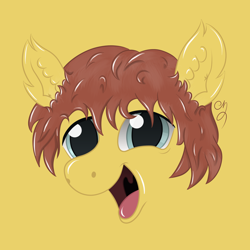 Size: 2000x2000 | Tagged: safe, artist:chiffry, imported from derpibooru, oc, oc only, oc:apple surprise, pegasus, pony, avatar, blue eyes, bust, looking at you, parent:apple bloom, portrait, red hair, red mane, simple background, smiling, solo, yellow background