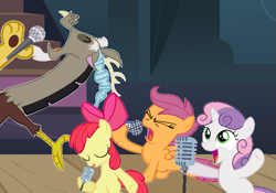 Size: 825x577 | Tagged: artist needed, source needed, safe, edit, imported from derpibooru, apple bloom, discord, scootaloo, sweetie belle, draconequus, earth pony, pegasus, pony, unicorn, 1000 hours in ms paint, 2015, best friend, best friends, cutie mark crusaders, eyes closed, female, friend, friends, horn, male, microphone, ms paint, old art, open mouth, open smile, singing, smiling