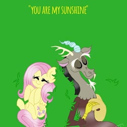 Size: 640x640 | Tagged: artist needed, source needed, safe, imported from derpibooru, discord, fluttershy, draconequus, pegasus, pony, duo, duo male and female, eyes closed, female, male, old art, overhead view, smiling