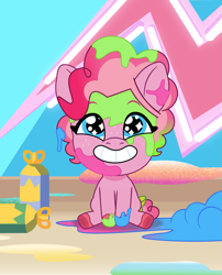 Size: 969x1200 | Tagged: safe, artist:prixy05, imported from derpibooru, oc, oc:pepper pink, earth pony, pony, au:reformed friendship, baby, baby pony, female, g5, messy, my little pony: tell your tale, not pinkie pie, solo, wingding eyes