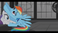Size: 500x281 | Tagged: safe, imported from derpibooru, rainbow dash, rarity, rocky, pegasus, pony, unicorn, :o, animated, female, gif, horn, indoors, loop, open mouth, rainbow dash training (rocky), raised hoof, scrunchy face, spread wings, wings