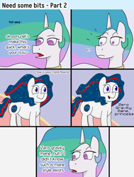Size: 2500x3300 | Tagged: safe, artist:cosmicwaves35, imported from derpibooru, princess celestia, oc, oc:nasapone, alicorn, earth pony, pony, comic:need some bits, castle, comic, flowing mane, flowing tail, panel, tail, text