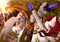 Size: 3508x2480 | Tagged: safe, alternate version, artist:elberas, imported from derpibooru, oc, oc only, oc:black cross, oc:emala jiss, pony, unicorn, zebra, armor, commission, duo, duo male and female, female, genshin impact, high res, horn, magic, magic aura, male, mare, outdoors, stallion, standing over, sword, tree branch, weapon, ych result, zhongli (genshin impact)