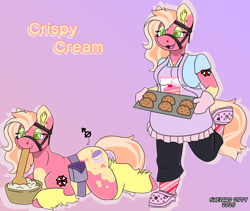 Size: 3800x3200 | Tagged: safe, artist:shepard dippy, imported from derpibooru, oc, oc only, oc:crispy creme, anthro, earth pony, pony, apron, baker, baking sheet, bowl, bridle, clothes, coat markings, colored background, crocs, ear fluff, ear piercing, earth pony oc, eyelashes, eyeshadow, female, female oc, gradient background, green eyes, green eyeshadow, lidded eyes, lying down, makeup, multicolored coat, one leg raised, open mouth, oven mitts, pants, piercing, prone, shirt, smiling, socks, solo, stirring, striped socks, tack, tail, two toned mane, two toned tail, umbrella corporation, wooden spoon