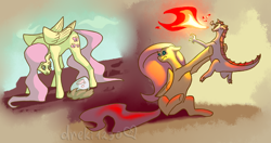 Size: 3400x1800 | Tagged: safe, artist:drekimanywiev, imported from derpibooru, fluttershy, dragon, pegasus, pony, egg, female, fire, fire breath, mare, solo
