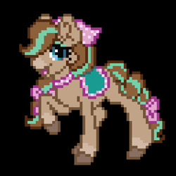 Size: 320x320 | Tagged: safe, artist:cupute, imported from derpibooru, horse, bandana, black background, bow, coat markings, cocoa (wild manes), colored muzzle, digital art, eyeshadow, female, full body, hair bow, makeup, mare, open mouth, open smile, pixel art, raised hoof, saddle, simple background, smiling, socks (coat markings), solo, tack, tail, tail bow, wild manes