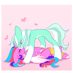 Size: 2000x2000 | Tagged: safe, artist:persikulka, imported from derpibooru, oc, oc only, alicorn, pony, unicorn, alicorn oc, duo, gradient background, horn, oc x oc, passepartout, shipping, unicorn oc, wings