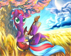 Size: 2278x1800 | Tagged: safe, artist:muffyn-man, imported from derpibooru, oc, oc only, earth pony, pony, female, guitar, mare, musical instrument, one ear down, sitting, solo, tree, unshorn fetlocks