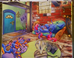 Size: 2334x1836 | Tagged: safe, artist:muffyn-man, imported from derpibooru, oc, oc only, oc:blueberry, oc:plushberry, cat, earth pony, pegasus, pony, brick wall, camera, couch, skateboard, traditional art, window
