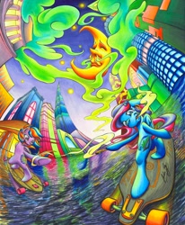 Size: 2223x2700 | Tagged: safe, artist:muffyn-man, imported from derpibooru, oc, oc only, pegasus, pony, crescent moon, drugs, duo, ear piercing, earring, female, jewelry, mare, marijuana, moon, piercing, skateboard, skateboarding, smoke