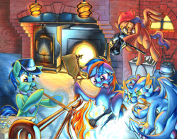 Size: 2850x2246 | Tagged: safe, artist:muffyn-man, imported from derpibooru, oc, oc only, dracony, dragon, earth pony, hybrid, pegasus, pony, camera, clothes, ear piercing, earring, fire breathing, glassblowing, glasses, hat, jewelry, male, necktie, piercing, smiling, stallion