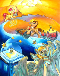 Size: 3279x4167 | Tagged: safe, artist:muffyn-man, imported from derpibooru, derpy hooves, doctor whooves, roseluck, time turner, pegasus, pony, bouquet, crossover, dalek, doctor who, female, flower, mare, mouth hold, rose, sonic screwdriver, statue, tardis, the doctor, traditional art, weeping angel