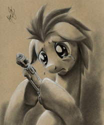 Size: 2100x2522 | Tagged: safe, artist:muffyn-man, imported from derpibooru, doctor whooves, time turner, earth pony, pony, crying, doctor who, male, solo, sonic screwdriver, stallion