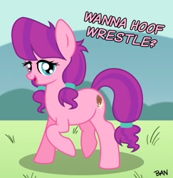 Size: 1712x1759 | Tagged: safe, artist:banquo0, imported from derpibooru, lily longsocks, earth pony, pony, dialogue, female, looking at you, mare, older, older lily longsocks, open mouth, pigtails, raised hoof, solo, text