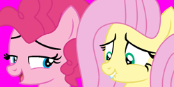 Size: 1000x500 | Tagged: safe, artist:jadeharmony, imported from derpibooru, fluttershy, pinkie pie, earth pony, pegasus, pony, base used, cute, diapinkes, duo, embarrassed, female, flutterpie, grin, lesbian, mare, open mouth, open smile, pink background, shipping, shyabetes, simple background, smiling, teasing