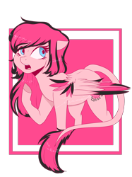 Size: 2048x2731 | Tagged: safe, artist:littlebiscuit, imported from derpibooru, oc, oc only, pegasus, pony, black hair, blue eyes, female, leonine tail, mare, mare oc, open mouth, partially transparent background, pegasus oc, pink coat, pink mane, solo, tail, two toned mane, wings