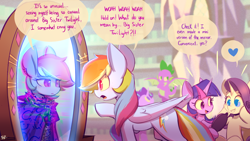 Size: 2560x1440 | Tagged: safe, artist:scribble-potato, imported from derpibooru, rainbow dash, rarity, spike, starlight glimmer, twilight sparkle, dragon, pegasus, pony, unicorn, comic, group, horn, male, mirror, quartet, winged spike, wings