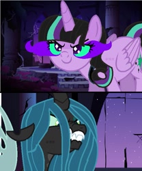 Size: 535x642 | Tagged: artist needed, safe, imported from derpibooru, queen chrysalis, oc, oc:twivine sparkle, alicorn, changeling, changeling queen, pony, angry, base used, castle of the royal pony sisters, duo, duo female, evil smirk, female, growling, looking at each other, looking at someone, mare, purple eyes