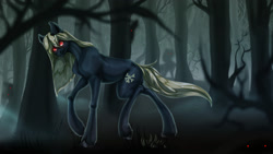 Size: 2000x1125 | Tagged: safe, alternate version, artist:raychelrage, imported from derpibooru, oc, oc only, oc:bone stealer, earth pony, pony, shadow pony, blonde, blonde mane, bone, creepy, dark forest, eyes in the dark, female, forest, forest background, gray coat, haunted forest, looking at you, nature, raffle prize, raised hoof, red eyes, scary face, scary tree, shadows, smiling, smiling at you, solo, tree