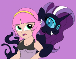 Size: 2190x1683 | Tagged: safe, artist:tomlooksatstuff, imported from derpibooru, nightmare rarity, oc, oc:léa, goo, goo pony, human, original species, unicorn, concerned, duo, female, gradient background, grin, horn, smiling
