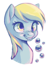 Size: 482x641 | Tagged: dead source, safe, artist:nyoncat, imported from derpibooru, derpy hooves, pegasus, pony, bubble, bust, derp, female, grin, looking at you, mare, old art, silly, silly face, silly pony, simple background, smiling, smiling at you, solo, three quarter view, white background