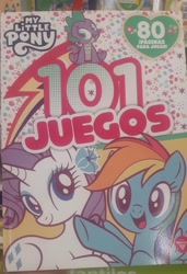 Size: 2592x3790 | Tagged: safe, imported from derpibooru, rainbow dash, rarity, spike, dragon, pegasus, unicorn, bootleg, coloring book, female, horn, male, my little pony logo, spanish, spanish text