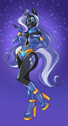 Size: 818x1500 | Tagged: safe, artist:xim4rika, artist:ximerica, imported from derpibooru, nightmare rarity, oc, oc:léa, anthro, latex pony, original species, unicorn, big breasts, boots, breasts, clothes, female, gloves, gradient background, grin, high heel boots, horn, human to anthro, implied transformation, jewelry, latex, leotard, long gloves, shoes, smiling, solo