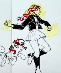 Size: 1662x2000 | Tagged: safe, imported from derpibooru, sunset shimmer, human, pony, unicorn, art pack:mypastisnottoday2025, boots, clothes, cyan eyes, horn, jacket, leather, leather jacket, long hair, self paradox, self ponidox, shoes, simple background, sketch, skirt, traditional art, two toned hair